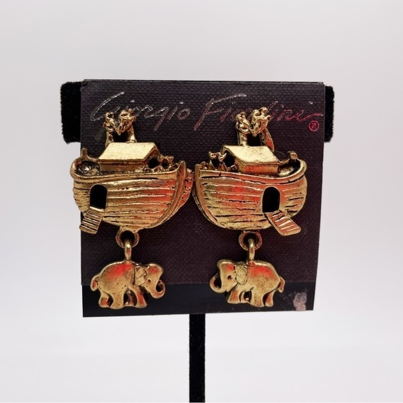 NWT Giorgio Fiorlini Gold Tone Noahs Ark Elephant Dangle Animal Earrings Vintage - Picture 2 of 6